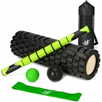 Body Regen Foam Roller Bundle 6 in 1 Roller Set Includes Foam Roller Muscle Massage Stick The Stretch Bandwith Logo Lacrosse Ball Spikey Ball and A Carry Casewith Logo Green Black - BVPLMPR7V