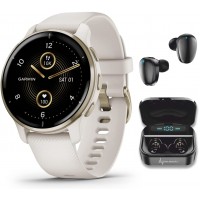 Garmin Venu 2 Plus GPS Multisport Smartwatch 1.7 in. with Call and Text Music Adv HM+FF Cream Gold Bezel with Ivory Case and Wearable4U Black Earbuds Bundle - B4SXF963K