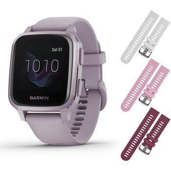 Garmin Venu Sq GPS Fitness Smartwatch and Included Wearable4U 3 Straps Bundle White Pink Berry Lavender Purple 010-02427-02 - BEC1ETVQD