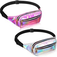 2 Pieces Fanny Pack Shiny Holographic Waist Bags Waterproof Neon Fanny Packs for Women Festival Party Travel Rave Hiking Outdoor Activities - B1V3HMT3O