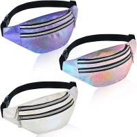 3 Pieces Holographic Fanny Pack for Women Men Kids Metallic Color Sport Waistbag with Pouches and Adjustable Belt Hologram PU Waist Pack for Traveling Running Partying White Pink Purple - BW3RVPRPX