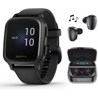 Garmin Venu Sq Music GPS Best Multisport Fitness Smartwatch Black Slate with Wearable4U Black Earbuds with Charging E-Bank Case Bundle - BI6BHW7M0