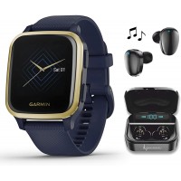 Garmin Venu Sq Music GPS Best Multisport Fitness Smartwatch Navy Light Gold with Wearable4U Black Earbuds with Charging E-Bank Case Bundle - B9WKAM5EA