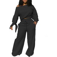 Solid 2 Piece Outfits for Women Sexy Clubwear Plus Size and Off Shoulder Long Sleeve Shirt Loose Pants Set Tracksuit - BTDW8K0OX